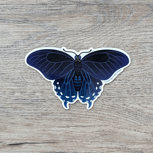 Sticker art of a black butterfly with purple and blue highlights