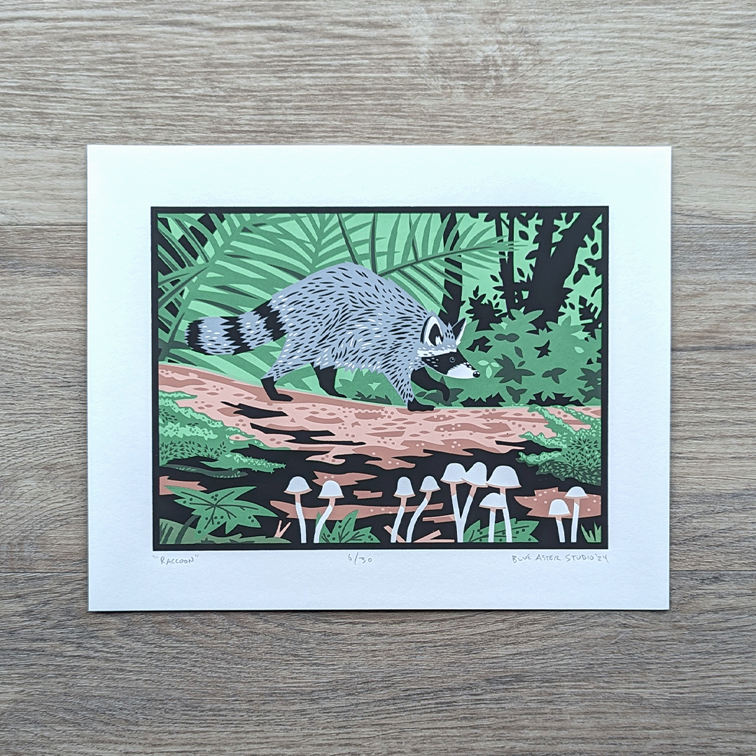 A screen print of an illustration of a raccoon walking along a fallen log surrounded by ferns, mushrooms, moss, and shrubby plants.