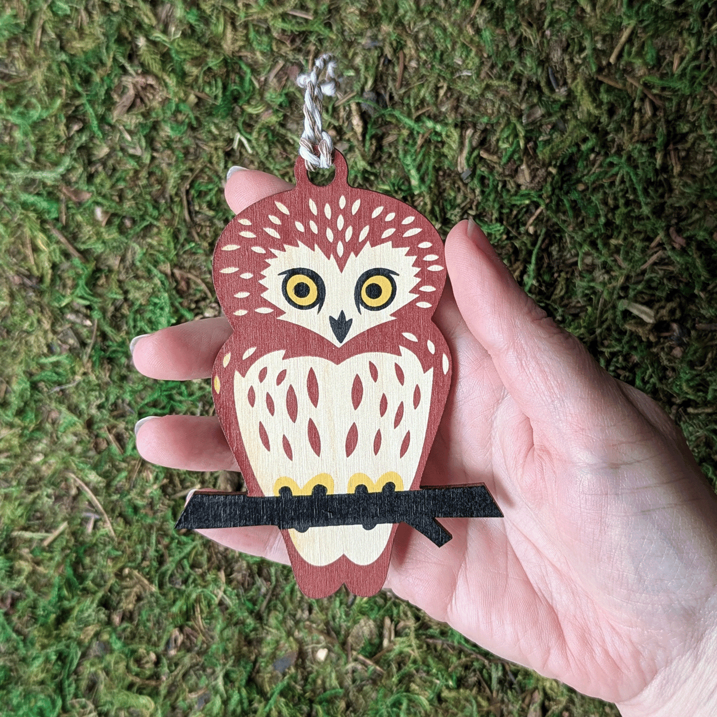 A wooden screen printed ornament of a  saw-whet owl held in hand.