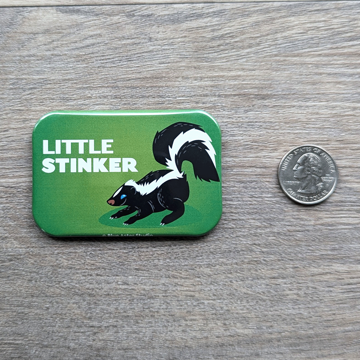 The skunk refrigerator magnet sitting next to a USD quarter for scale.