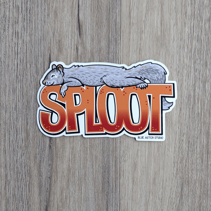 A gray squirrel lies prone on top of the word SPLOOT