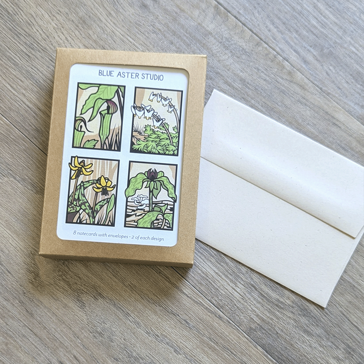 A box of spring ephemeral note cards sitting next to an example of the envelope the cards come with in the box.