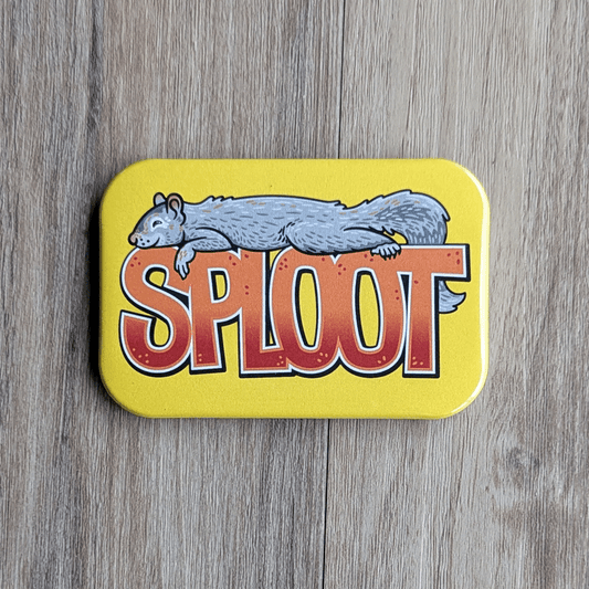 A rectangular magnet design with a squirrel lying prone on the word SPLOOT