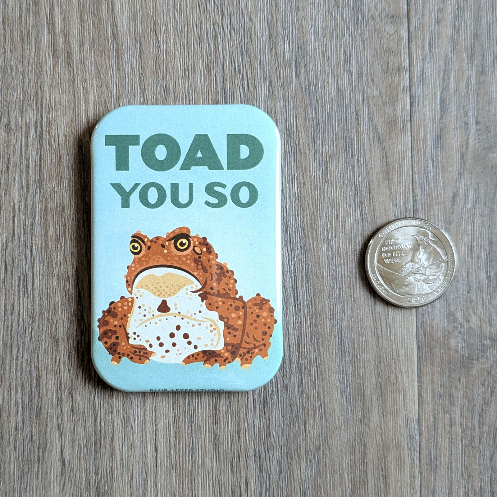 The Toad magnet with an american quarter coin for scale.