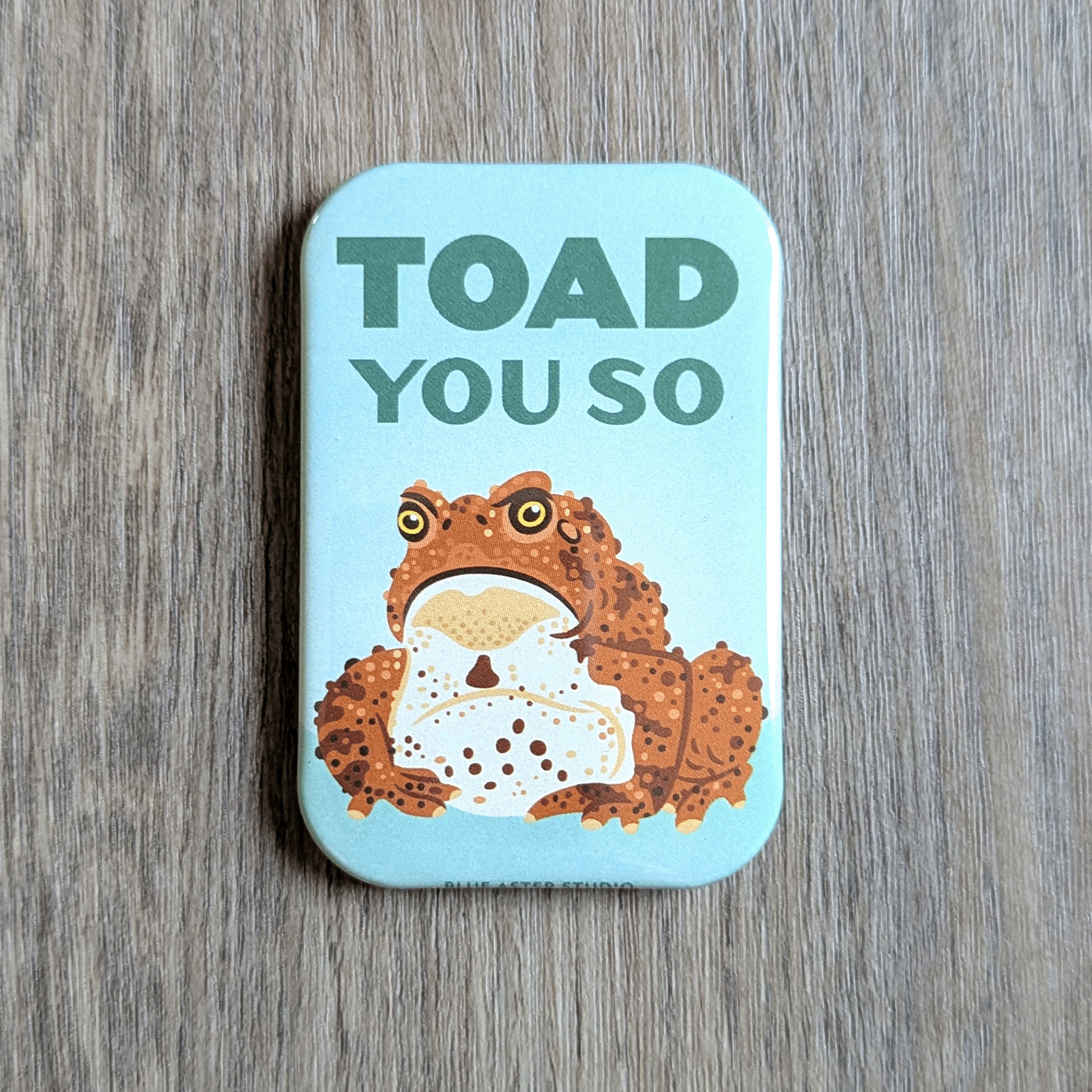 A rectangular magnet with an illustration of a grumpy toad and the text "Toad You So"