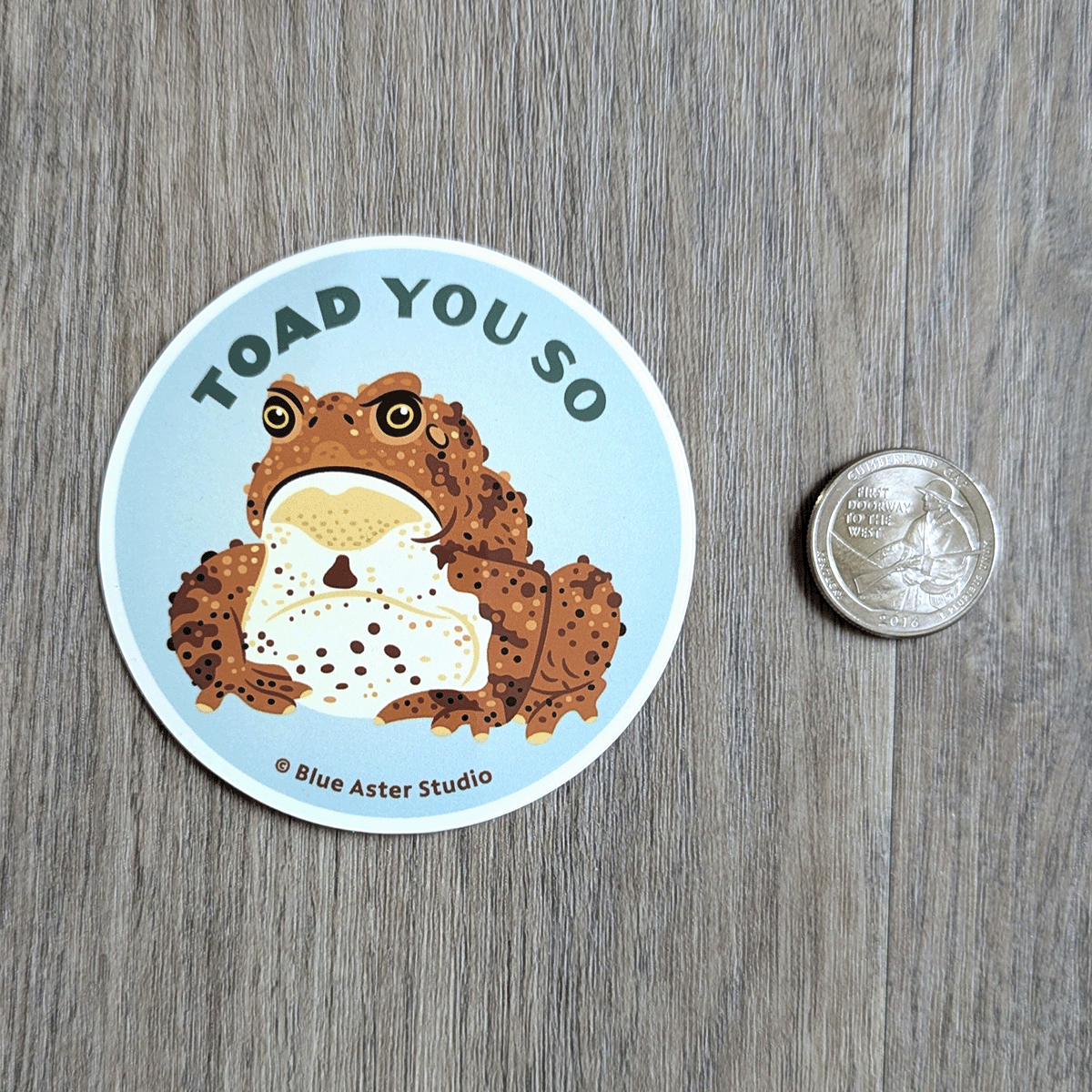The toad sticker sitting next to a USD quarter for scale.