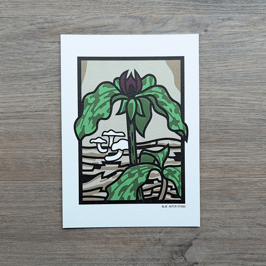 An art print featuring a trillium with deep red flower in front of a fallen log with mushrooms growing out of it