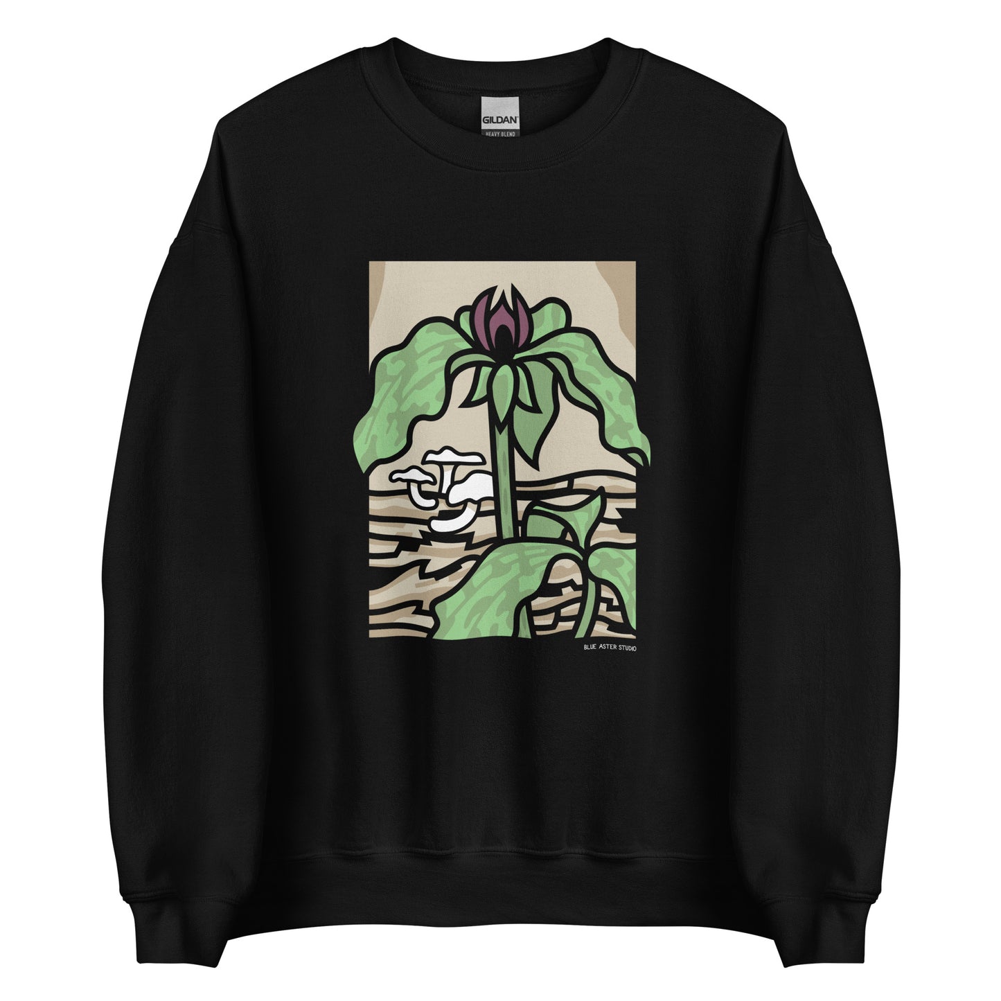 A black sweatshirt with a prairie trillium printed on the front.