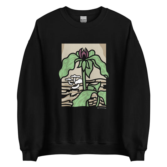 A black sweatshirt with a prairie trillium printed on the front.