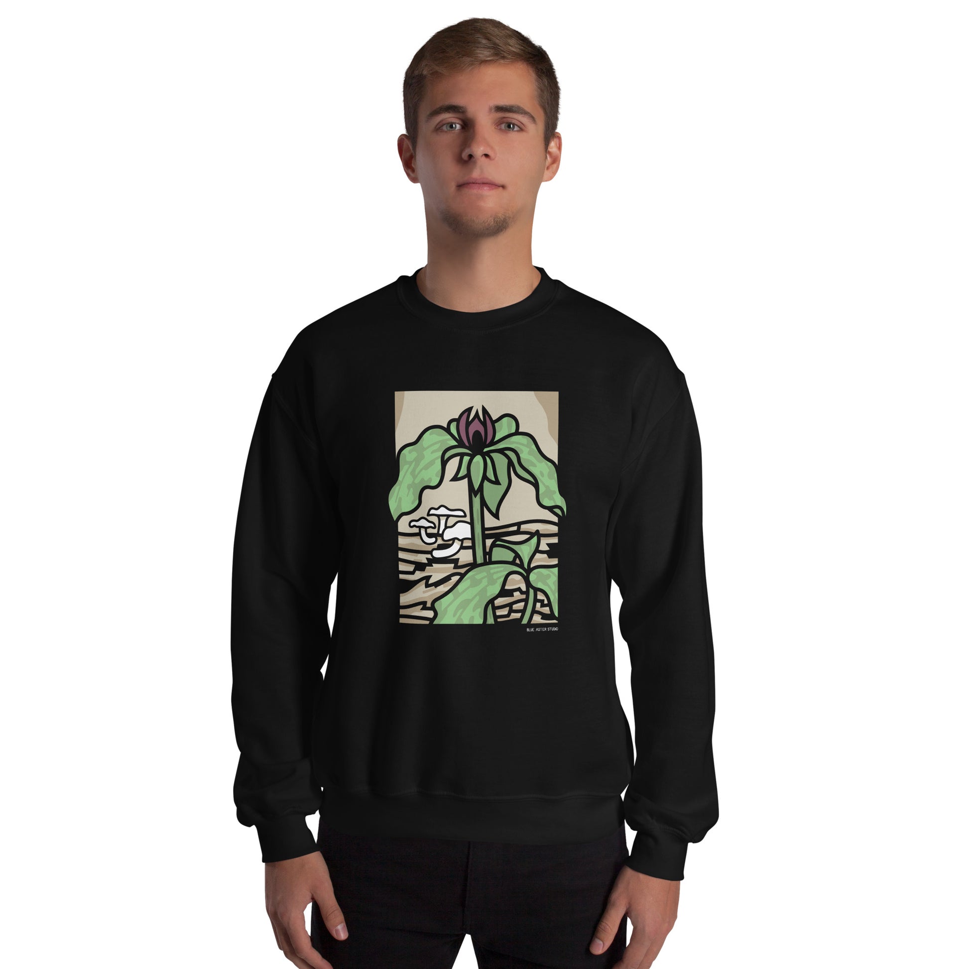 A man wearing the unisex prairie trillium sweatshirt.