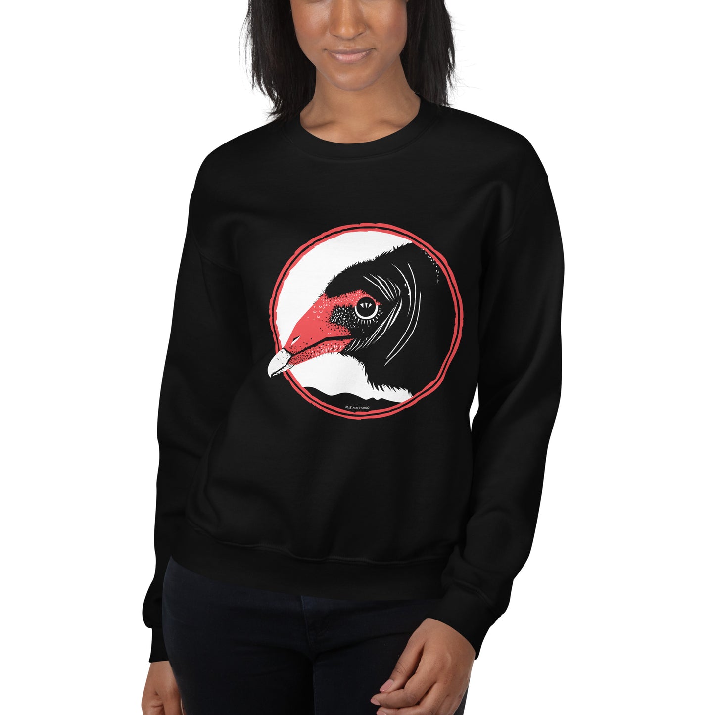 A woman modeling the turkey vulture sweatshirt.