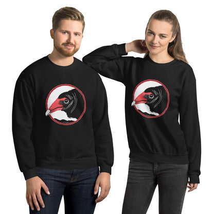 A man and a woman hanging out in matching turkey vulture sweatshirts.