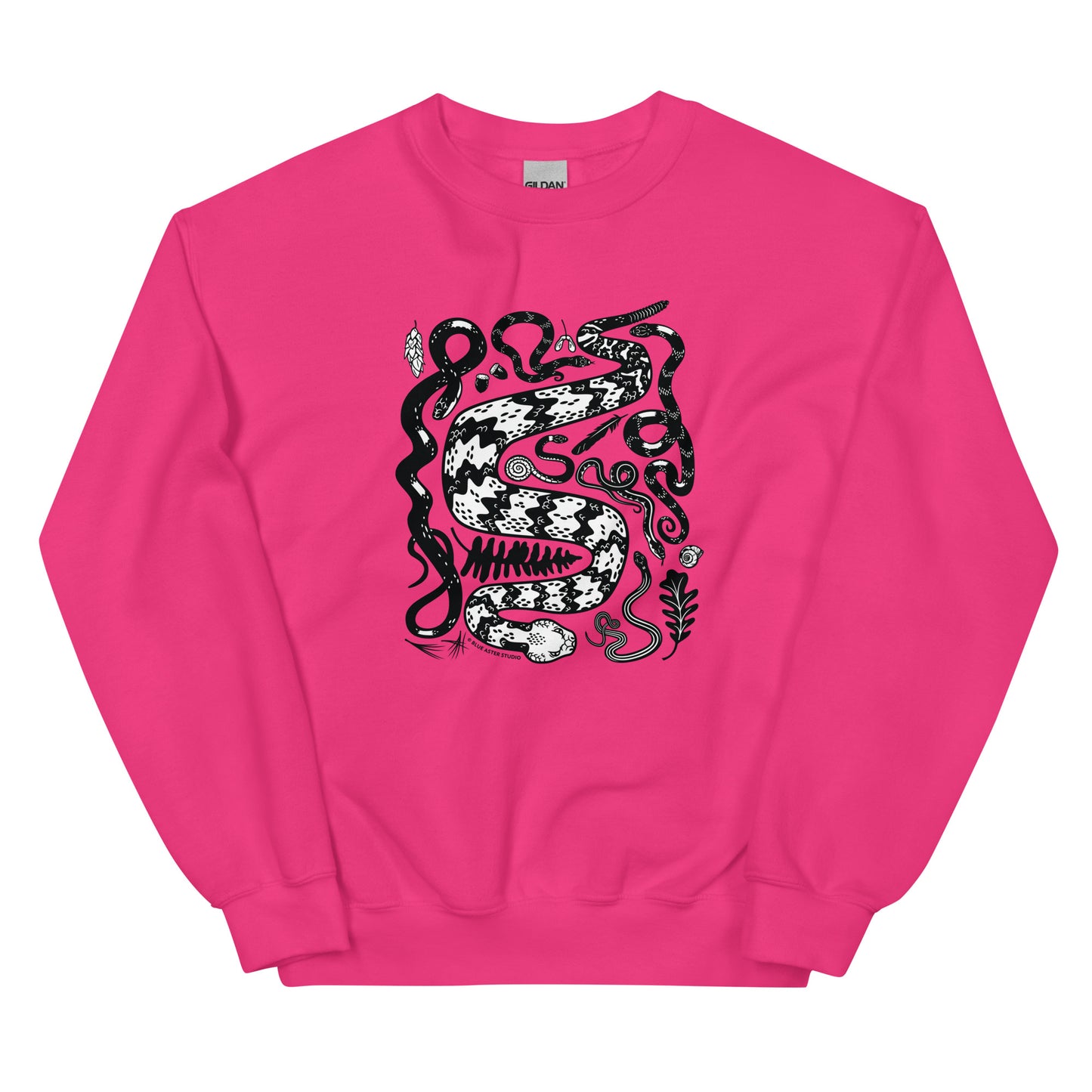 A heliconia pink sweatshirt with seven snakes printed on the front in black and white.