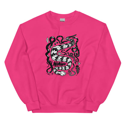 A heliconia pink sweatshirt with seven snakes printed on the front in black and white.