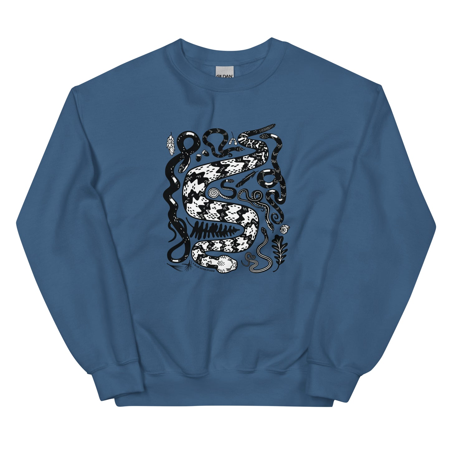 An indigo blue sweatshirt with seven snakes printed on the front in black and white.
