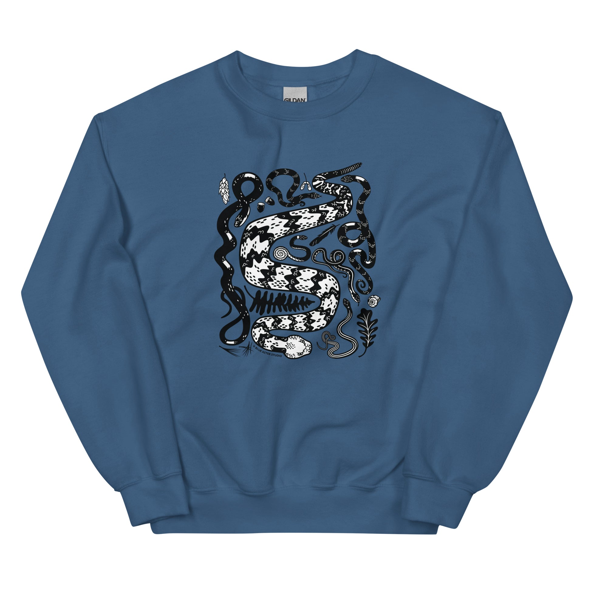 An indigo blue sweatshirt with seven snakes printed on the front in black and white.