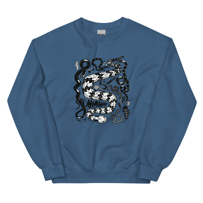 An indigo blue sweatshirt with seven snakes printed on the front in black and white.