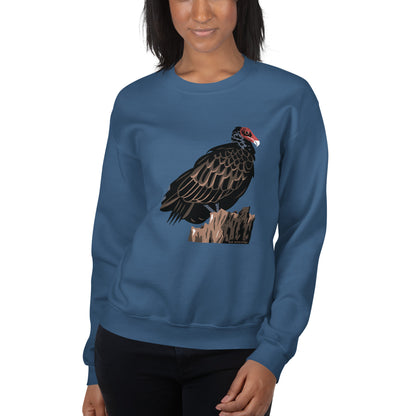 A woman modeling the unisex majestic turkey vulture sweatshirt in indigo blue.