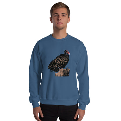 A man wearing the indigo blue majestic turkey vulture sweatshirt.