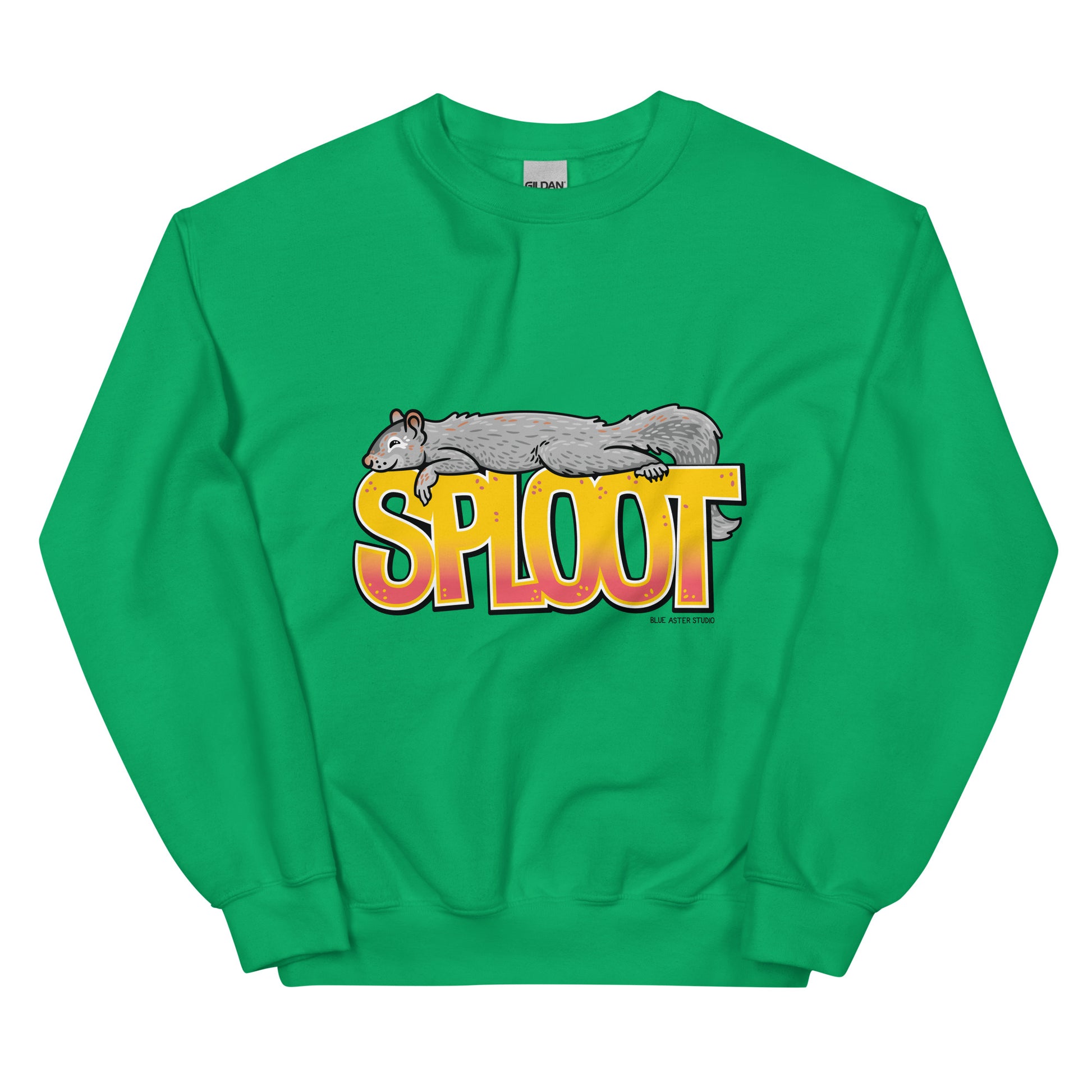 The squirrel sploot sweatshirt in green.