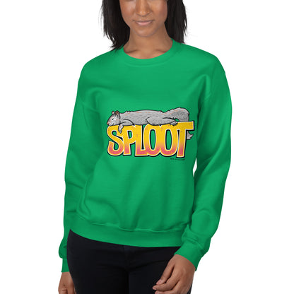 A model wearing the green squirrel sploot sweatshirt.