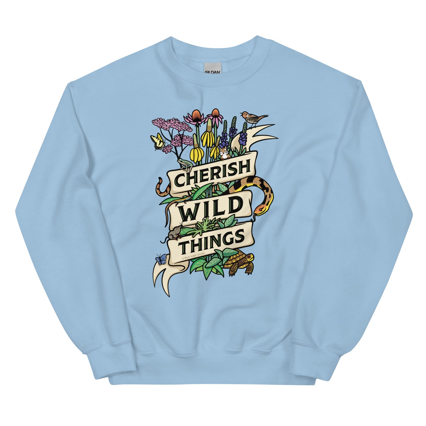 A light blue Cherish Wild Things sweatshirt.