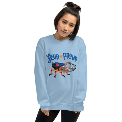 A girl wearing the light blue cicada sweatshirt.