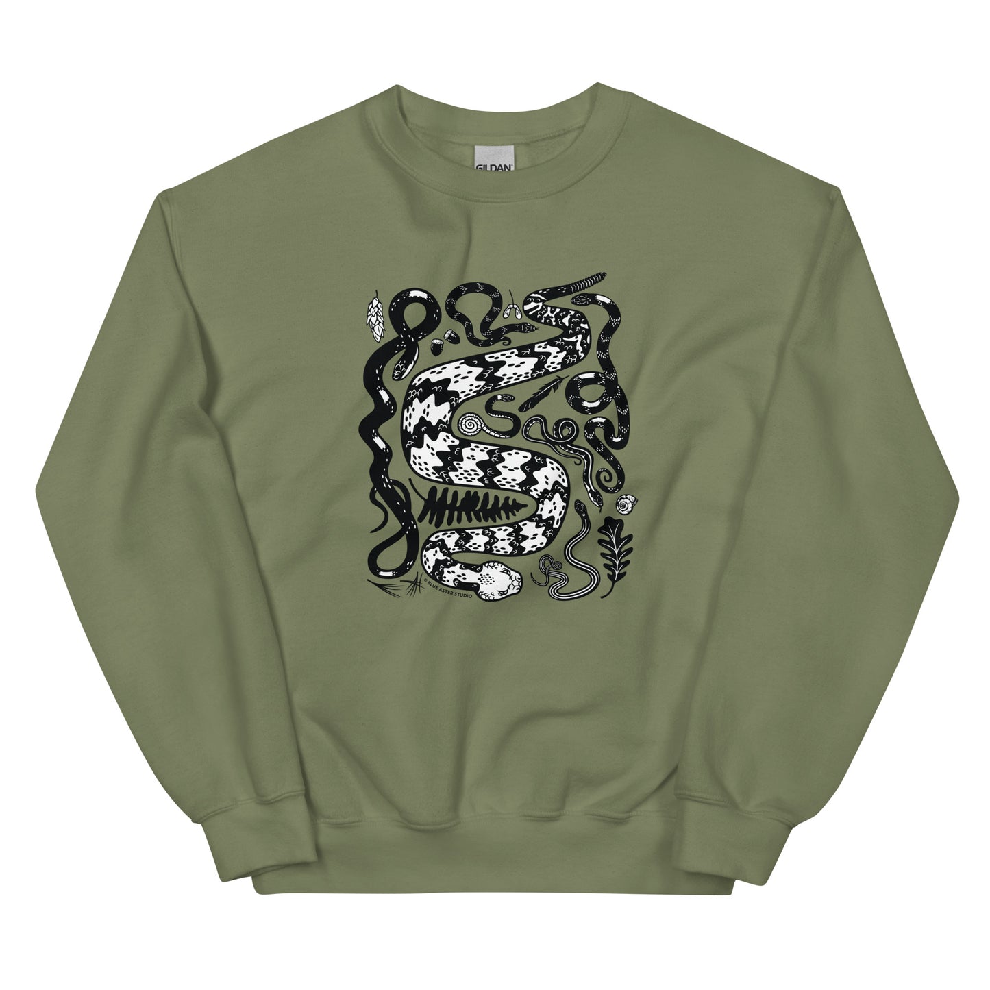 A military green sweatshirt with seven snakes printed on the front in black and white.