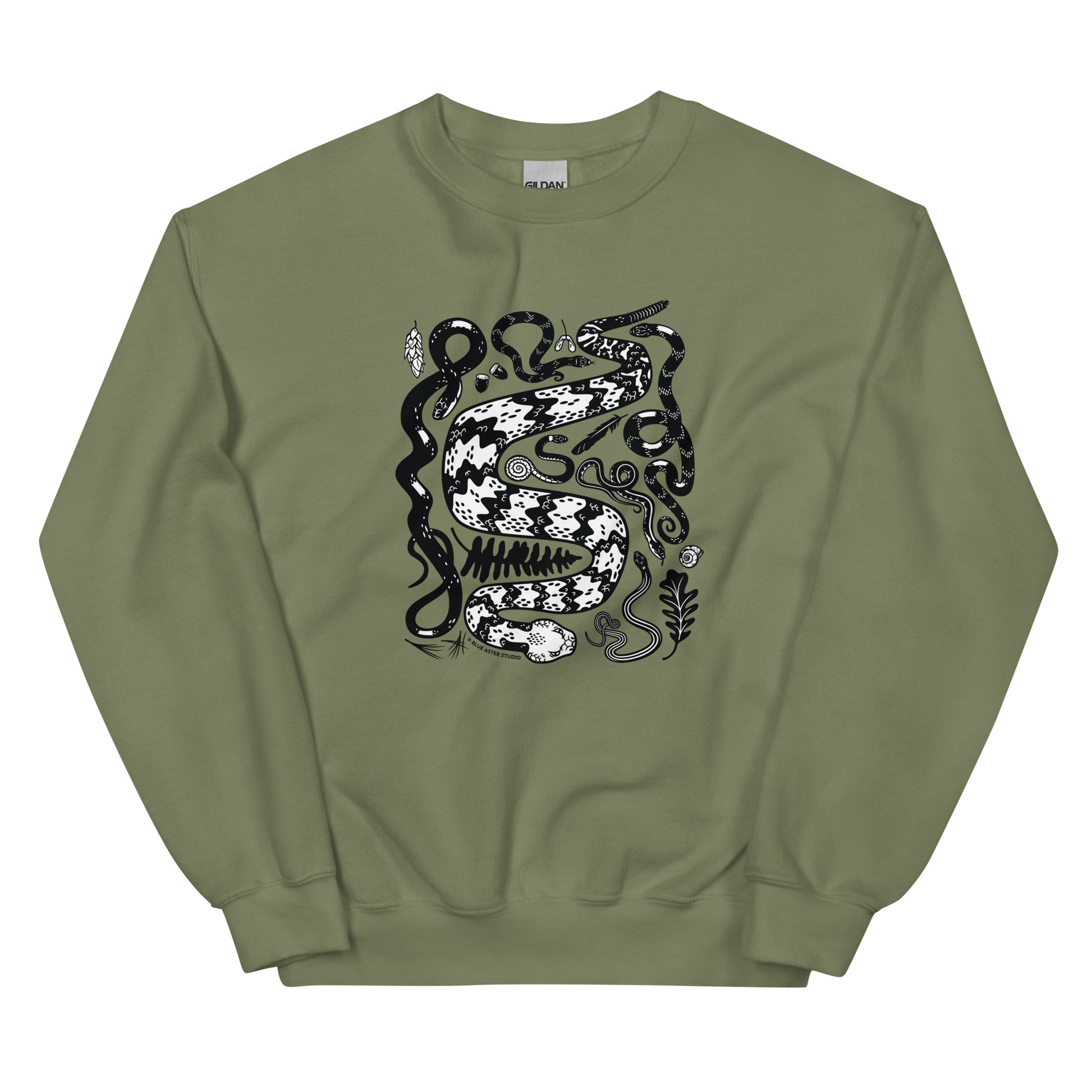 A military green sweatshirt with seven snakes printed on the front in black and white.