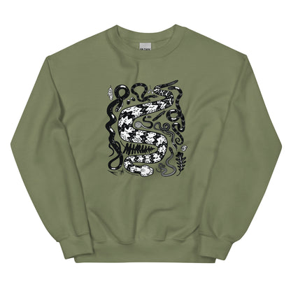 A military green sweatshirt with seven snakes printed on the front in black and white.