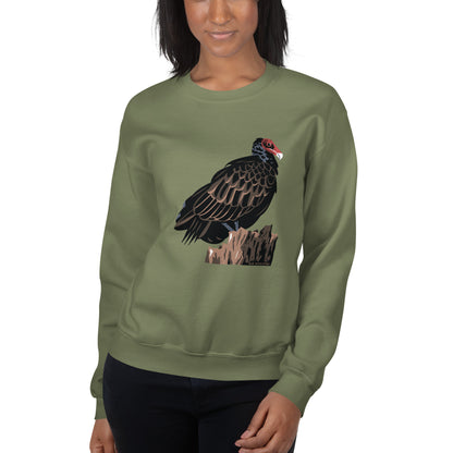 A woman modeling the military green colored majestic turkey vulture sweatshirt.