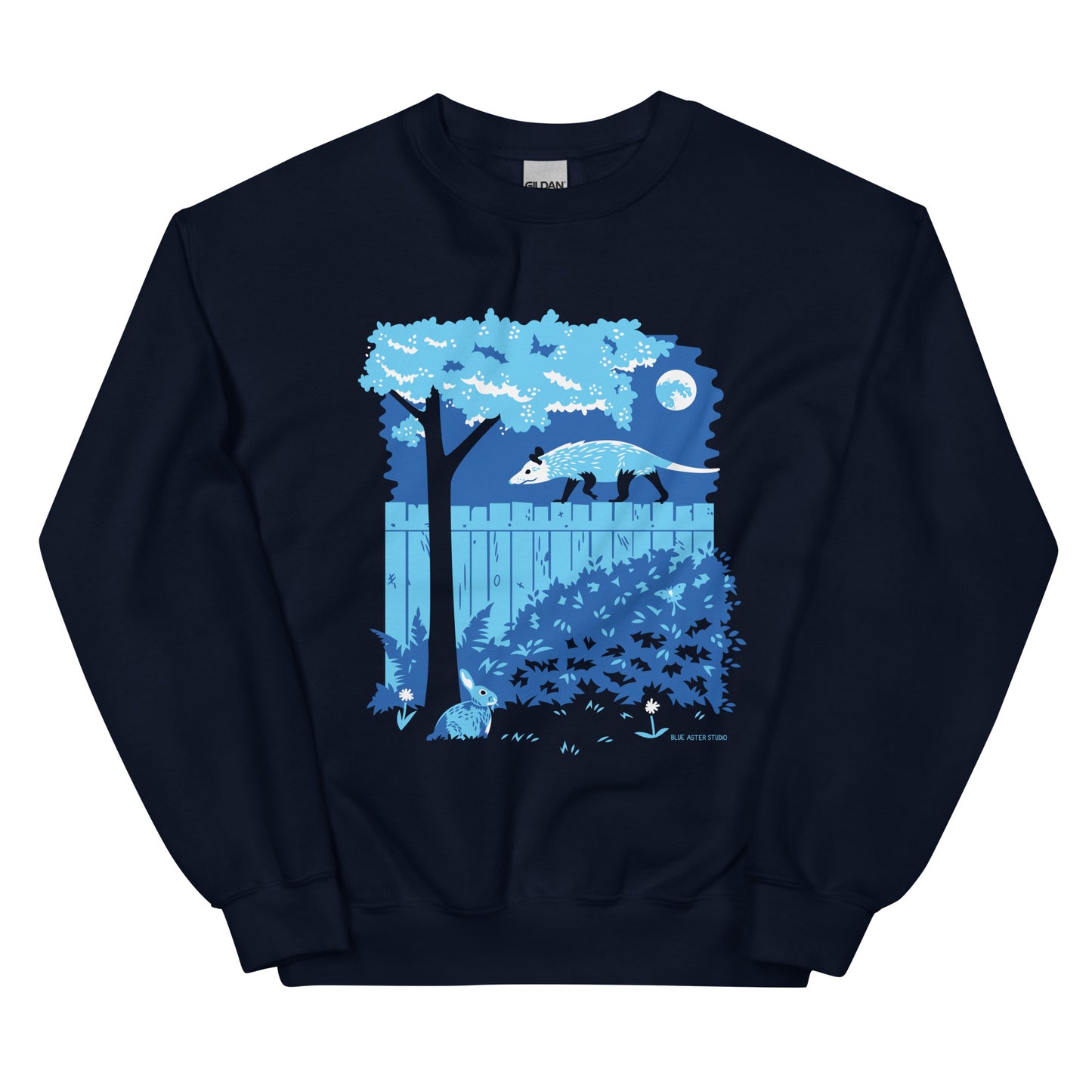 A navy blue sweatshirt with an illustration of an opossum walking on a moonlit fence with a rabbit and a luna moth in the yard below.
