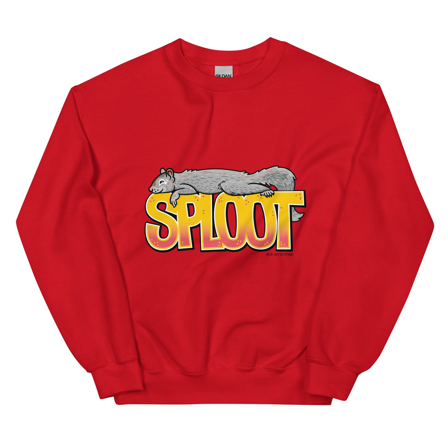 A squirrel sploot sweatshirt in red.