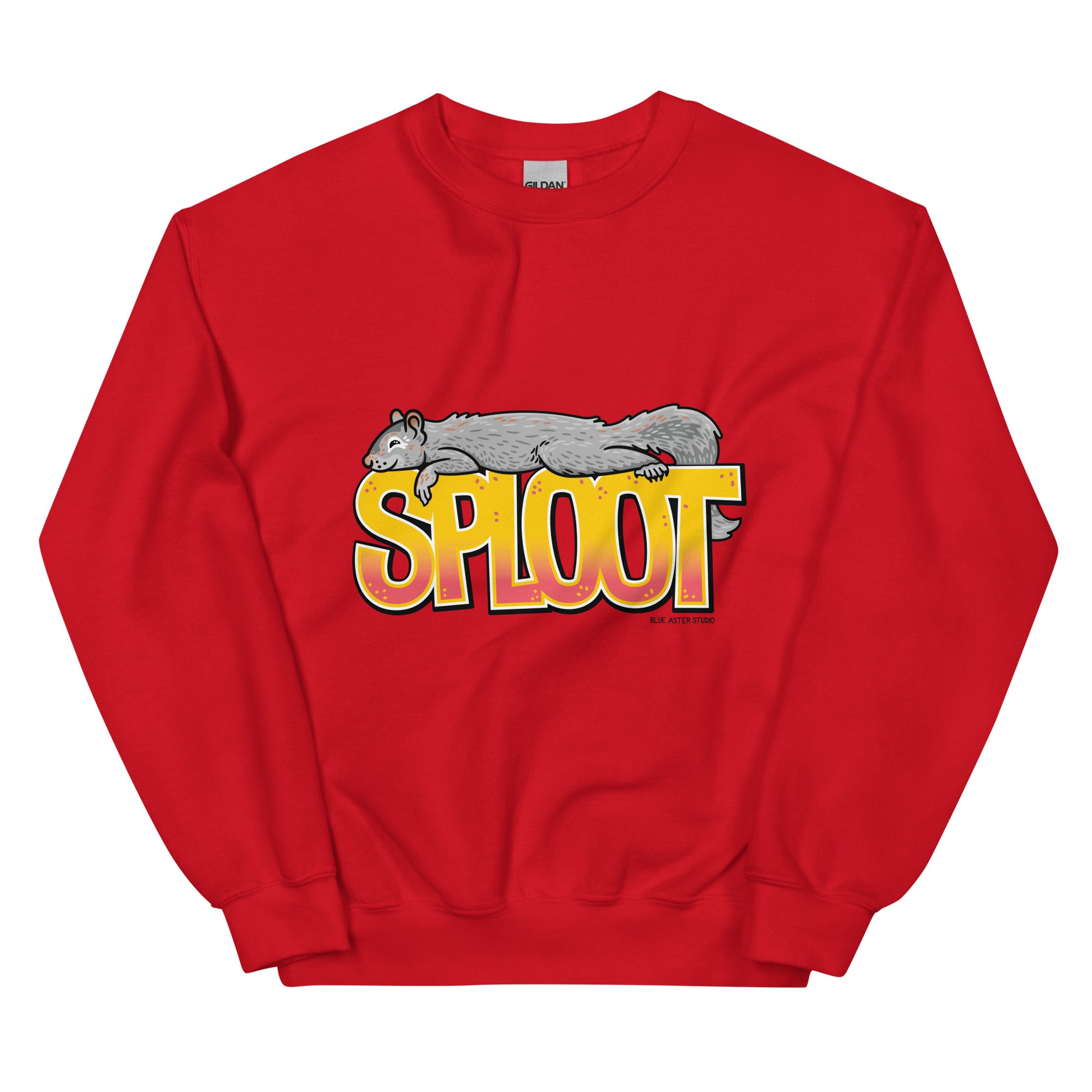 A squirrel sploot sweatshirt in red.