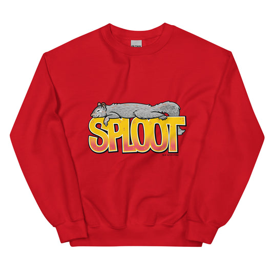 A squirrel sploot sweatshirt in red.