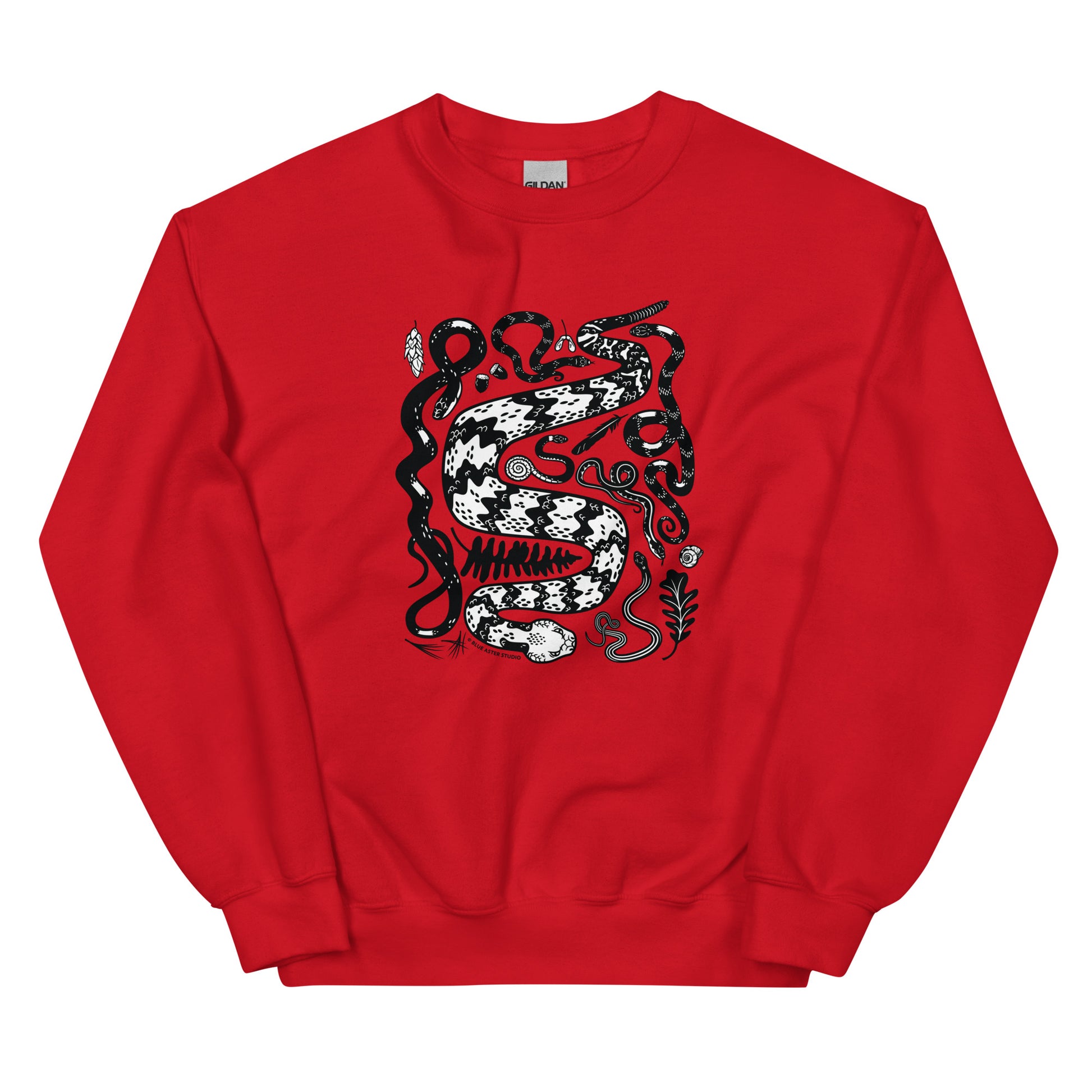 A red sweatshirt with seven snakes printed on the front in black and white.