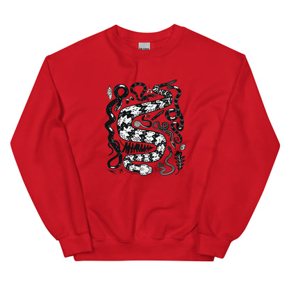 A red sweatshirt with seven snakes printed on the front in black and white.