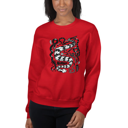 A woman wearing the red seven snakes sweatshirt.