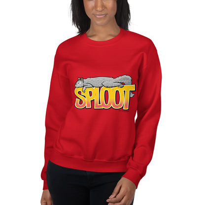 A woman modeling the unisex squirrel sploot sweatshirt in red.