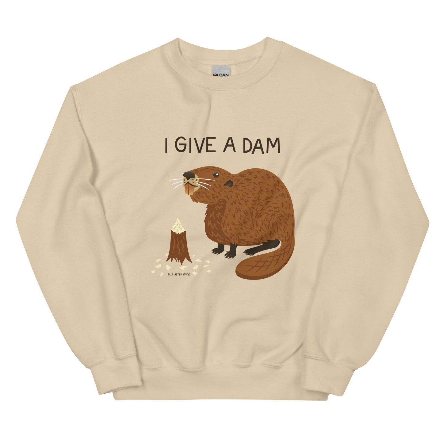 A sand colored sweatshirt with an illustration of a beaver and the words I Give A Dam printed on the front.