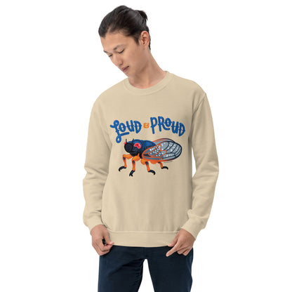 A model showing off the sand colored cicada sweatshirt.