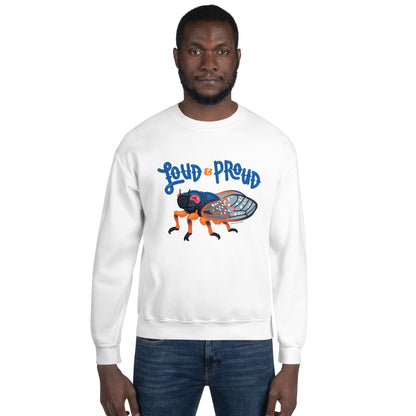A man wearing the unisex cicada sweatshirt in white.