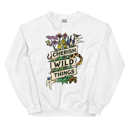 A white Cherish Wild Things sweatshirt.