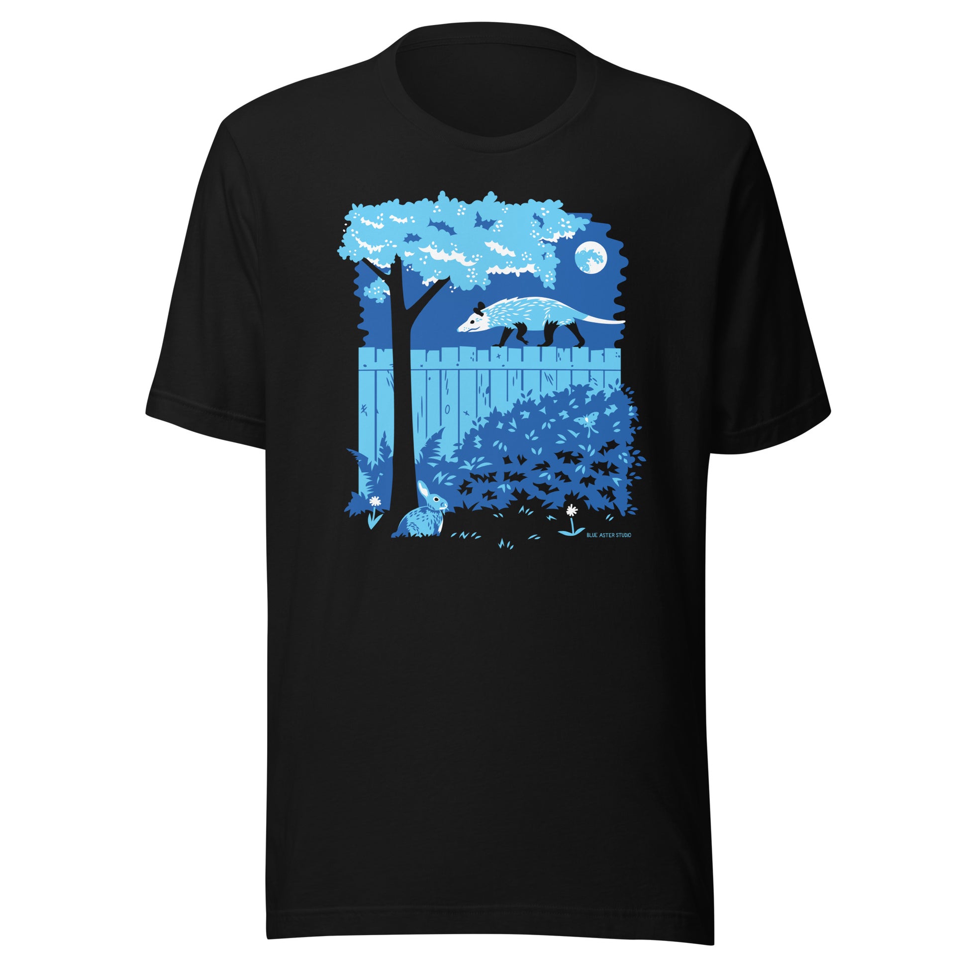 A black short-sleeved t-shirt with an image of an opossum walking on a moonlit fence while a rabbit and a luna moth printed on the front.