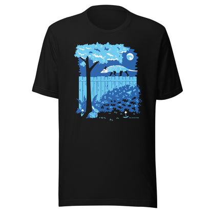 A black short-sleeved t-shirt with an image of an opossum walking on a moonlit fence while a rabbit and a luna moth printed on the front.