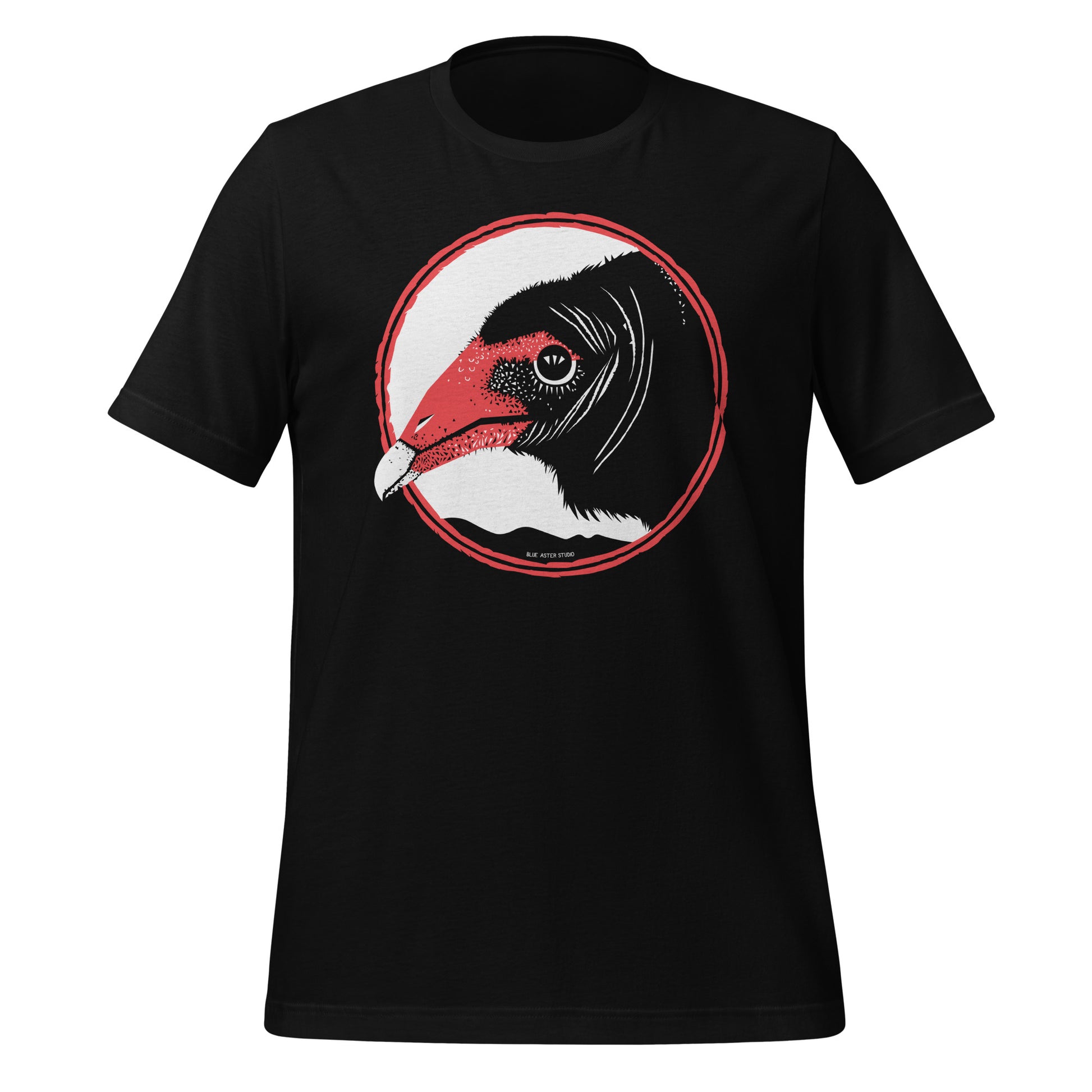 A black t-shirt with a turkey vulture printed on the front.
