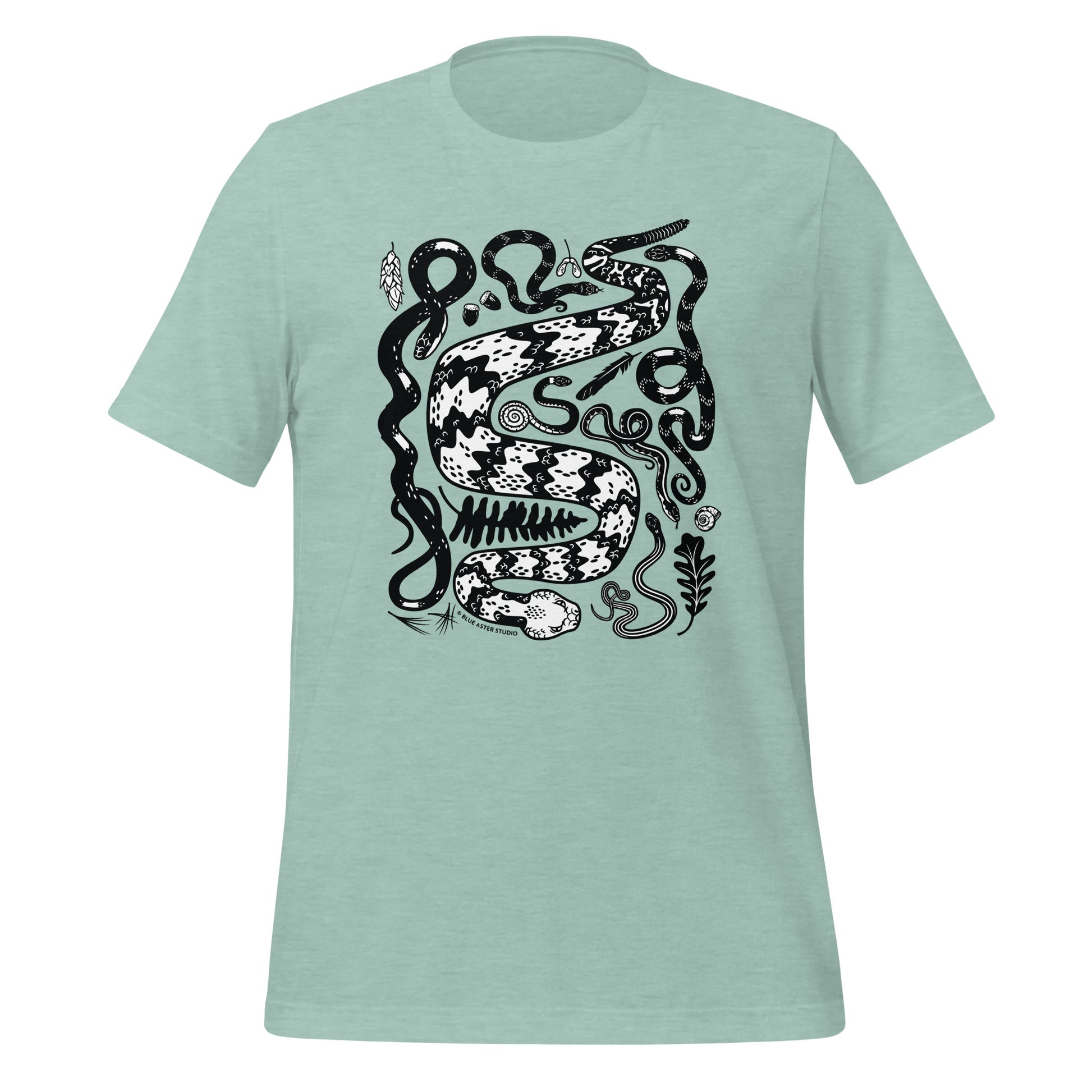 A heather prism dusty blue short-sleeved t-shirt with seven snakes printed on the front in black and white.