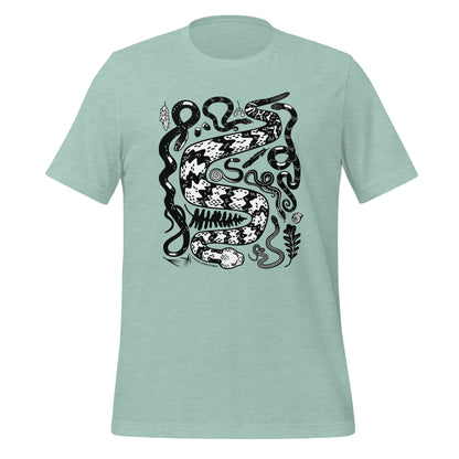 A heather prism dusty blue short-sleeved t-shirt with seven snakes printed on the front in black and white.