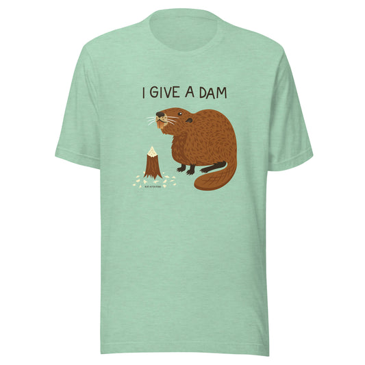 A Heather mint unisex t-shirt with an illustration of a beaver and the words I Give A Dam printed on the front.