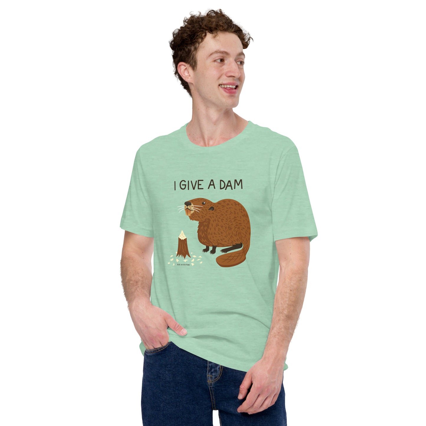 A man showing off the beaver short-sleeved t-shirt in the mint color.